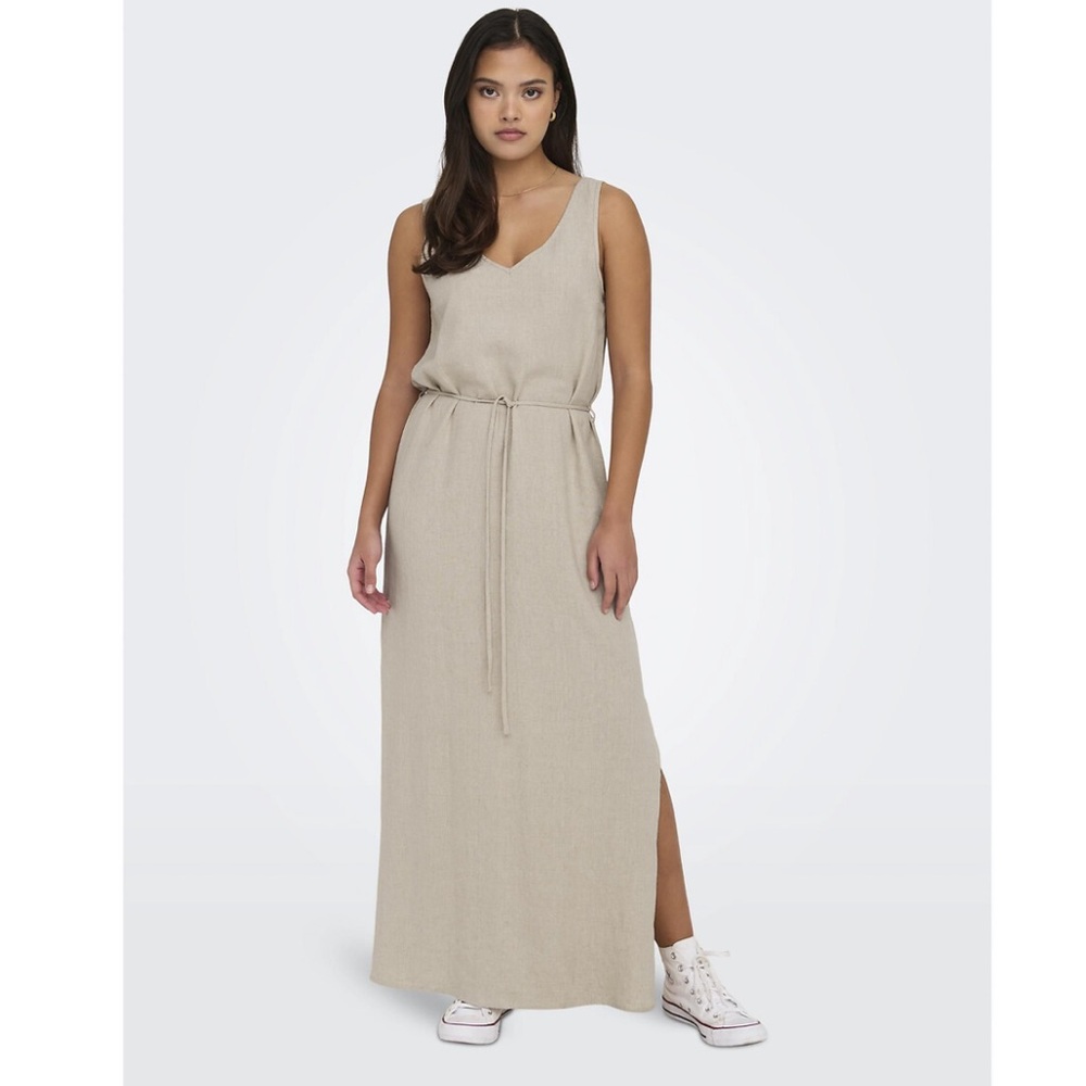Theory Deep V Neck Sleeveless‎ Maxi Dress - linen blend M8